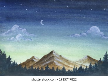 Landscape, mountain and trees . Watercolor hand drawn illustration