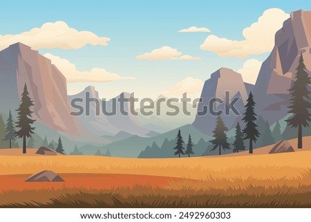 Landscape of a mountain valley. Beautiful landscape overlooking a mountain valley against the backdrop of a beautiful forest and blue sky with clouds. High cliffs. End of summer, beginning of autumn.