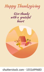 Landscape of mountain valley with little house in the circle. Thanksgiving material.  Template for card, page,print,invite, congradulation, poster, brochure, banner