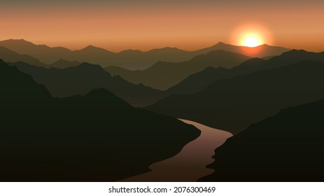 Landscape with mountain, valley and river at sunset or sunrise