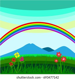 Landscape mountain vector with rainbow in the morning