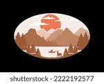 Landscape of the mountain view behind the lake with many pine trees and a deer illustration