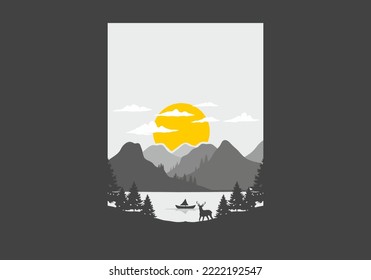 Landscape of the mountain view behind the lake with many pine trees and a deer illustration