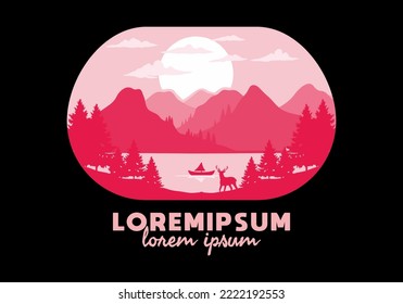 Landschaft des Berges hinter dem See mit vielen Kieferbäumen und Hirschgrafik
