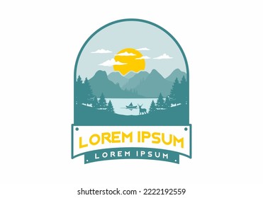 Landscape of the mountain view behind the lake with many pine trees and a deer illustration