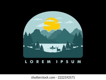Landscape of the mountain view behind the lake with many pine trees and a deer illustration