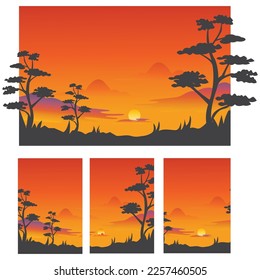 landscape mountain view evening sun trees background design illustration coloring vector