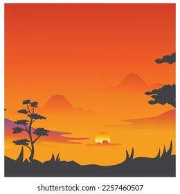 landscape mountain view evening sun trees background design illustration coloring vector