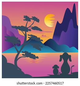 landscape mountain view lake at night  dogs  trees background vector coloring illustration design