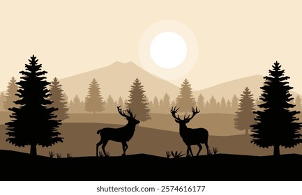 Landscape Mountain view, Pine trees and wild deer