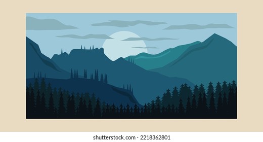 landscape mountain vintage poster, pines forest background illustration design
