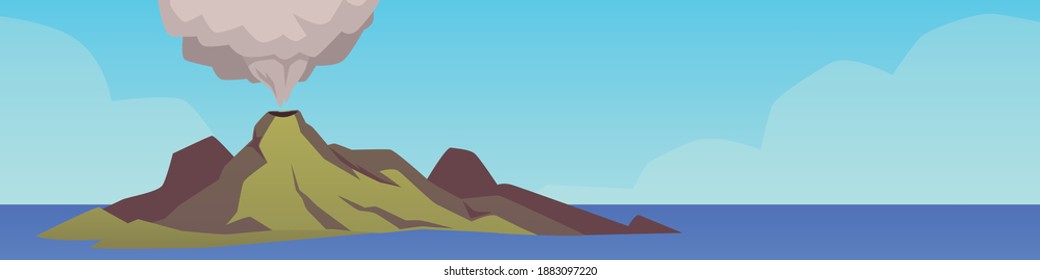 Paisaje con un volcán de montaña lanzando gas y humo desde un cráter, ilustración plana vectorial. Isla en el mar o océano con erupción volcánica.