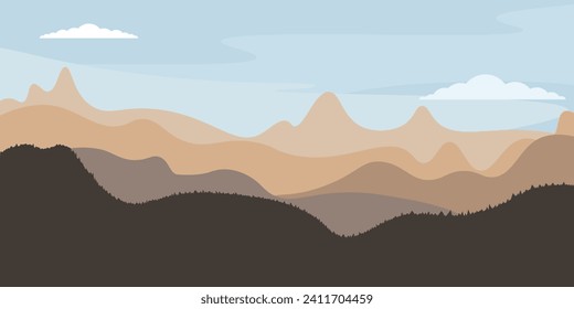 Paisaje de la zona montañosa montañosa. Un paisaje de alta altitud con atardecer tranquilo. Paisaje natural horizontal con montañas rocosas beige y marrón, cielo azul, nubes. Estilo de ilustración plano.