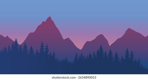 a landscape with mountains against a sky in shades of purple and blue, probably during sunset or sunrise. In front of the mountains is a dense forest with dark silhouettes of fir trees.