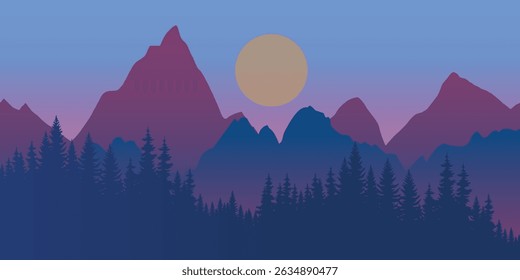 a landscape with mountains against a sky in shades of purple and blue, where the sun rises or sets. In front of the mountains is a dense forest with dark silhouettes of fir trees.