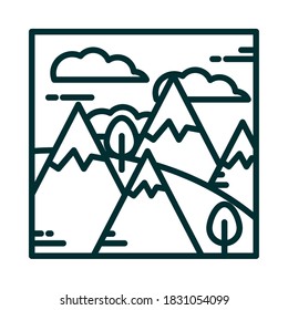 landscape mountains alps snow trees grass clouds sky cartoon line icon style vector illustration