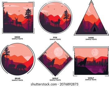 paisaje con montañas. paisaje con bosque de animales. paisaje en diferentes marcos con montañas y bosque. silueta de animales sobre un fondo montañoso. vector. para obtener más información.