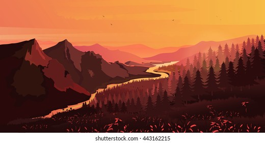 Landscape. Mountains, ascending or a sitting down sun , vector