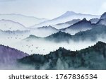 Landscape with mountains, birds and fog in monochrom painted in watercolor in vector