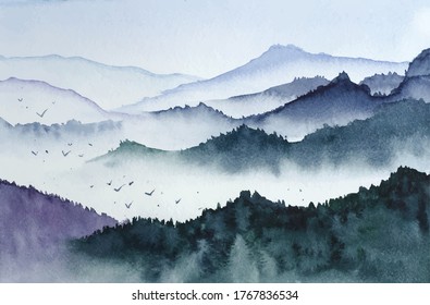 Landscape with mountains, birds and fog in monochrom painted in watercolor in vector