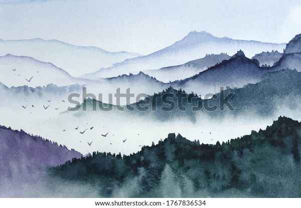 Landscape with mountains, birds and fog in monochrome in watercolor in vector