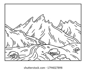 Paisaje con montañas. Ilustración vectorial en blanco y negro.