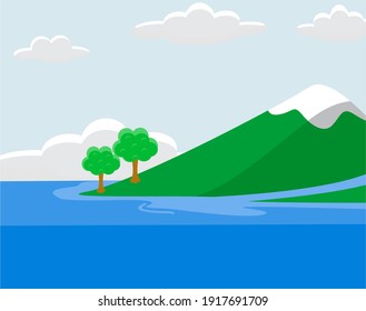 paisaje con montañas y cielo azul. Ilustración vectorial de las vistas de las montañas y del mar, para el fondo y el ciclo del agua