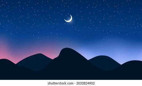 Landscape of mountains, bright crescent and starry night sky. Vector background.