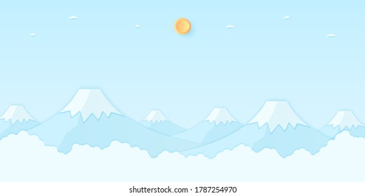 Landscape in mountains with bright sun and blue sky, paper art style