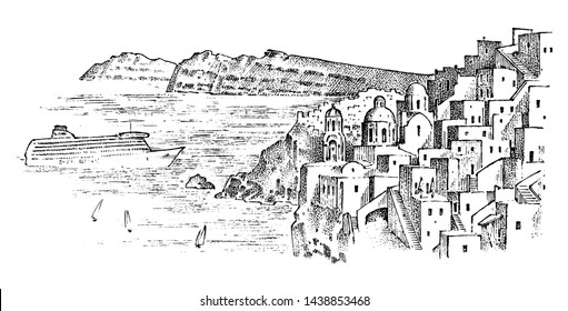 Landscape mountains and buildings in Greece. Ancient antique Greek culture. Double exposure. Hand drawn engraved sketch in vintage style. 