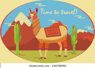 Landscape with mountains, cacti and llama. Background for zoo, tourism, souvenir, card, advertising. Stylized animal character of South America. Lama, vicuna, alpaca, guanaco. Time to travel. Vector