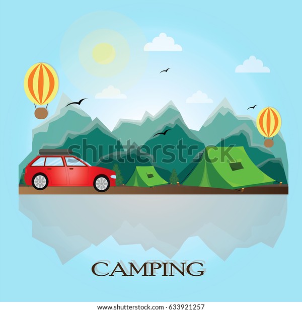 Landscape in the mountains with camping\
tents. Flat style vector\
illustration.