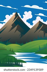 landscape with mountains and clouds.