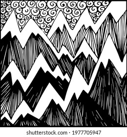 Landscape with mountains and clouds. Hand drawn vector monochrome graphic wall print.  
