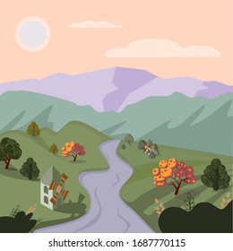 landscape with mountains, clouds, mills, trees and fields. Suitable for the design of cosmetic and alcohol products, banners and sites.