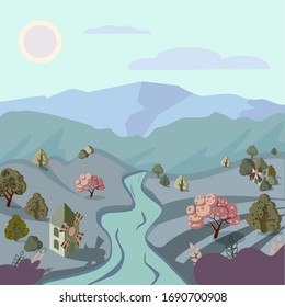 landscape with mountains, clouds, mills, trees and fields. Suitable for the design of cosmetic and alcohol products, banners and sites.