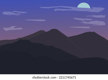 Landscape with mountains, clouds and moon at night. Abstract background. Vector illustration.