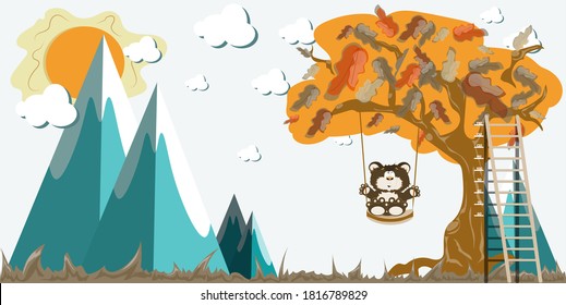 Paisaje con montañas, nubes y sol, árbol con oso de peluche sobre un columpio. Ilustración vectorial.