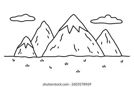 Landscape with mountains and clouds. Vector hand-drawn illustration in doodle style. Perfect for cards, banners, various designs.