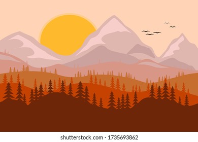 landscape, mountains with coniferous trees, the sun and birds in the sky