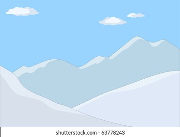 Landscape: the mountains covered with snow, the blue sky and white clouds