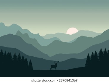 landscape with mountains and deer. Vector illustration.