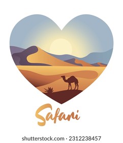 Landscape with mountains, desert and camel. Heart shape. Safari inscription. Vector Illustration