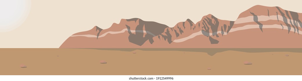 landscape of mountains in the desert under the sunny sky flat vector illustration. Travel, hiking, outdoors and adventure concept. Use as background or wallpaper.