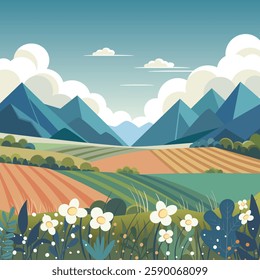 landscape mountains, fields, bushes, flowers. Vector icon, flat style. Summer spring green meadows, hills. Natural background with clouds and plants. Concept of hiking travel, agriculture