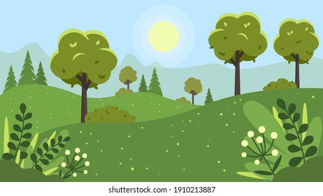 Landscape with mountains, fields, flowers, trees and bushes .