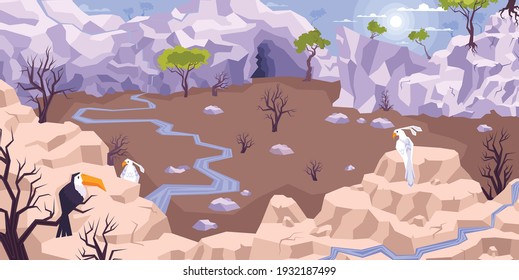 Landscape mountains flat composition with dryland scenery and tableland with brooks surrounded by cliffs with birds vector illustration