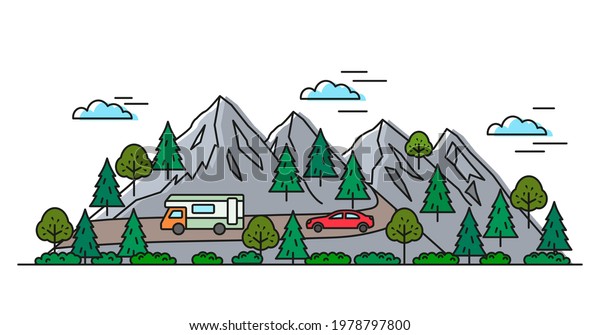 landscape of mountains with forest. cars are\
driving along a mountain road. camping summer vacation concept.\
flat vector illustration in linear\
style
