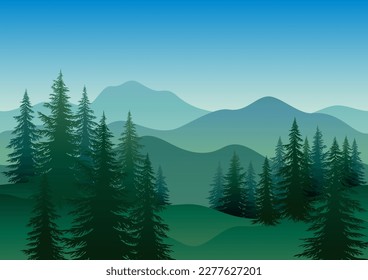 Paisaje. Montañas y bosques, vectores de siluetas de árboles de coníferas