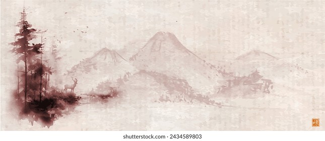 Landscape with mountains, forest, and a deer on vintage rice paper background. Traditional oriental ink painting sumi-e, u-sin, go-hua. Hieroglyph - well-being.